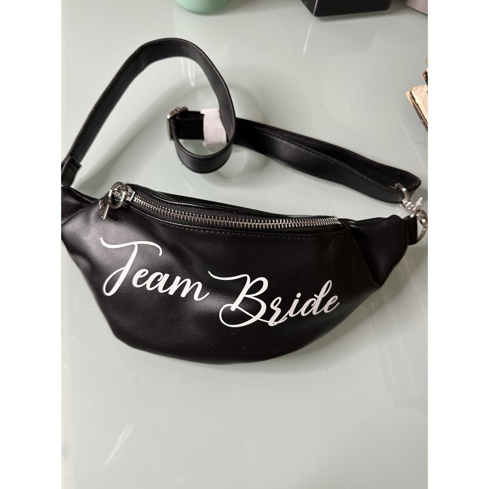 Bachelorette‎ Party TEAM BRIDE Belt Bag Black Faux Leather Diamond Ring Zipper